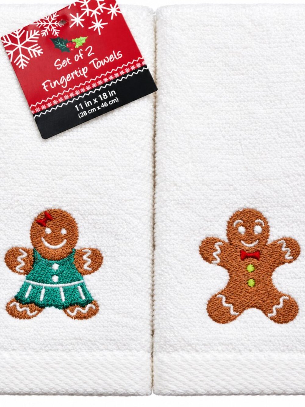 Gingerbread Man and Girl Christmas Fingertip Towels Embroidered White Set of 2